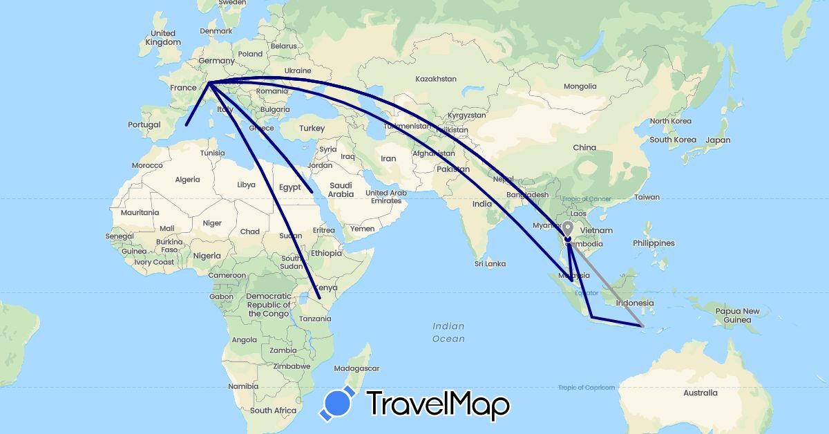 TravelMap itinerary: driving, plane in Switzerland, Egypt, Spain, Indonesia, Kenya, Malaysia, Thailand (Africa, Asia, Europe)